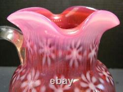 Antique Northwood Opalescent Cranberry Christmas Snowflake Ribbed Pitcher Excel+