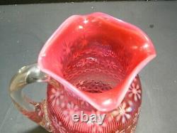 Antique Northwood Opalescent Cranberry Christmas Snowflake Ribbed Pitcher Excel+