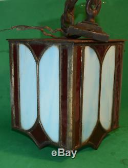 Antique Old Stained Glass Hanging Porch Light Ruby Red & Blue Art Deco Stunning
