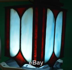 Antique Old Stained Glass Hanging Porch Light Ruby Red & Blue Art Deco Stunning