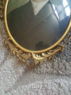 Antique Oval Brass Ornate Victorian Art Nouveau Frame Convex Bubble Glass Milita