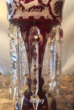 Antique PAIR 1800's. Bohemian Ruby Cut to Clear Glass Mantle Lustres 10 Prisms