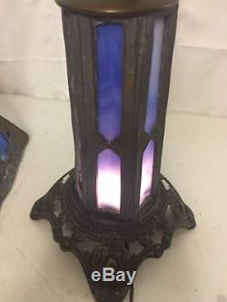 Antique PEH cast Spelter & Blue Slag Glass Victorian Art Deco Table Lamp 22