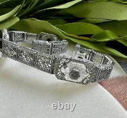 Antique PSCO Victorian Filigree Art Deco Silver Bracelet Camphor Glass