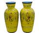 Antique Pair Bristol Glass Ground Yellow Vases Hunter In Cartouche Floral Scroll