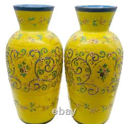 Antique Pair Bristol Glass Ground Yellow Vases Hunter in Cartouche Floral Scroll