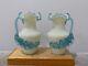 Antique Pair Glass Pitchers / Vases With Applied Blue Handle & Decoration