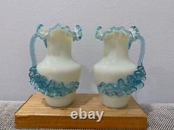 Antique Pair Glass Pitchers / Vases with Applied Blue Handle & Decoration