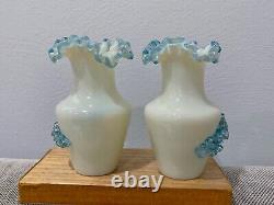 Antique Pair Glass Pitchers / Vases with Applied Blue Handle & Decoration