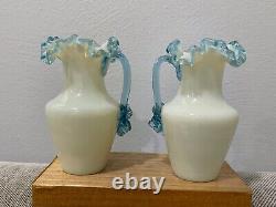 Antique Pair Glass Pitchers / Vases with Applied Blue Handle & Decoration