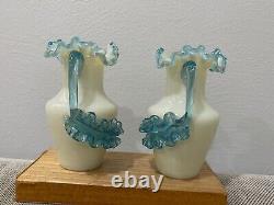 Antique Pair Glass Pitchers / Vases with Applied Blue Handle & Decoration