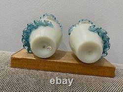 Antique Pair Glass Pitchers / Vases with Applied Blue Handle & Decoration