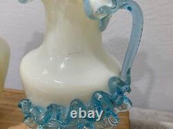 Antique Pair Glass Pitchers / Vases with Applied Blue Handle & Decoration