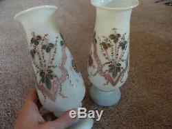 Antique Pair Mantle Vases pink & green enamel floral Victorian Art Glass Bristol