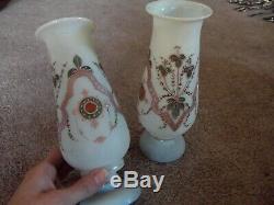 Antique Pair Mantle Vases pink & green enamel floral Victorian Art Glass Bristol