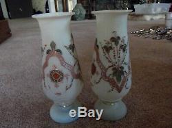 Antique Pair Mantle Vases pink & green enamel floral Victorian Art Glass Bristol