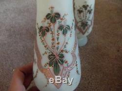 Antique Pair Mantle Vases pink & green enamel floral Victorian Art Glass Bristol