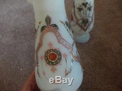 Antique Pair Mantle Vases pink & green enamel floral Victorian Art Glass Bristol