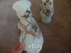 Antique Pair Mantle Vases pink & green enamel floral Victorian Art Glass Bristol