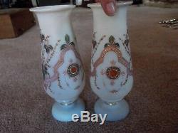 Antique Pair Mantle Vases pink & green enamel floral Victorian Art Glass Bristol