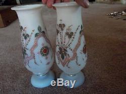 Antique Pair Mantle Vases pink & green enamel floral Victorian Art Glass Bristol