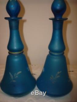 Antique Pair Moser Victorian Aqua Opaline Perfume Bottles9 1/2 Tallsigned