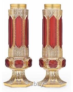 Antique Pair Of 19c Moser Ruby Overlay And Clear Cut Glass Vases