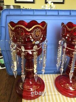 Antique Pair Of Czech Bohemian Cranberry Red Mantle Lusters Hand-painted