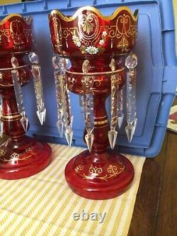 Antique Pair Of Czech Bohemian Cranberry Red Mantle Lusters Hand-painted