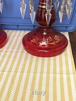 Antique Pair Of Czech Bohemian Cranberry Red Mantle Lusters Hand-painted