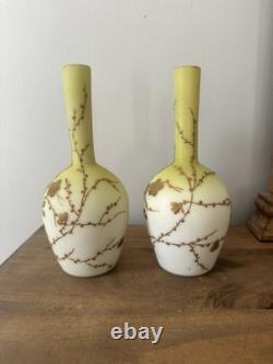 Antique Pair Of Thomas Webb Yellow & Gilded Glass Vases. Spider Web Makers Mark Antique Pair Of Thomas Webb Yellow & Gilded Glass Vases. Spider Web Makers Mark