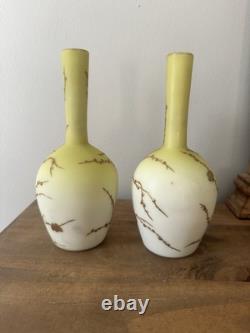 Antique Pair Of Thomas Webb Yellow & Gilded Glass Vases. Spider Web Makers Mark Antique Pair Of Thomas Webb Yellow & Gilded Glass Vases. Spider Web Makers Mark