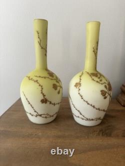 Antique Pair Of Thomas Webb Yellow & Gilded Glass Vases. Spider Web Makers Mark Antique Pair Of Thomas Webb Yellow & Gilded Glass Vases. Spider Web Makers Mark