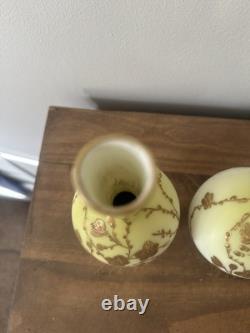 Antique Pair Of Thomas Webb Yellow & Gilded Glass Vases. Spider Web Makers Mark Antique Pair Of Thomas Webb Yellow & Gilded Glass Vases. Spider Web Makers Mark