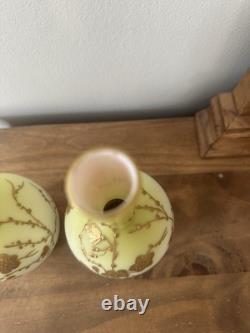 Antique Pair Of Thomas Webb Yellow & Gilded Glass Vases. Spider Web Makers Mark Antique Pair Of Thomas Webb Yellow & Gilded Glass Vases. Spider Web Makers Mark