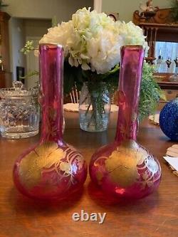 Antique Pair Old Heavy Cranberry Vase withHeavy Gold Gild Poppies 10 Excellent