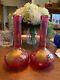 Antique Pair Old Heavy Cranberry Vase Withheavy Gold Gild Poppies 10 Excellent