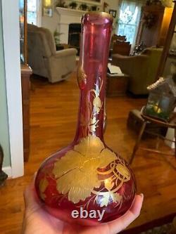 Antique Pair Old Heavy Cranberry Vase withHeavy Gold Gild Poppies 10 Excellent