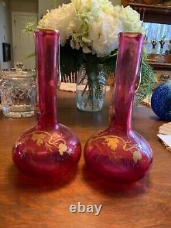 Antique Pair Old Heavy Cranberry Vase withHeavy Gold Gild Poppies 10 Excellent