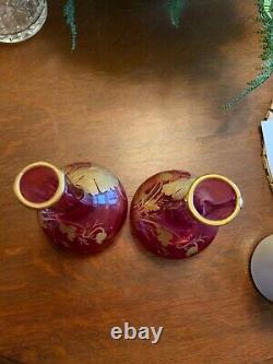 Antique Pair Old Heavy Cranberry Vase withHeavy Gold Gild Poppies 10 Excellent