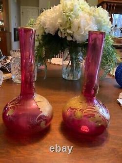 Antique Pair Old Heavy Cranberry Vase withHeavy Gold Gild Poppies 10 Excellent