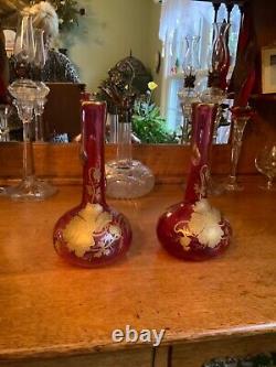 Antique Pair Old Heavy Cranberry Vase withHeavy Gold Gild Poppies 10 Excellent