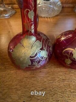 Antique Pair Old Heavy Cranberry Vase withHeavy Gold Gild Poppies 10 Excellent