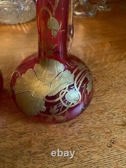 Antique Pair Old Heavy Cranberry Vase withHeavy Gold Gild Poppies 10 Excellent