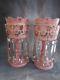 Antique Pair Pink Victorian Art Glass Mantle Lusters W Rare Drop Ball Prisms