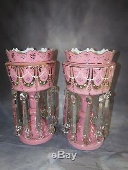 Antique Pair Pink Victorian Art Glass Mantle Lusters w Rare Drop Ball Prisms