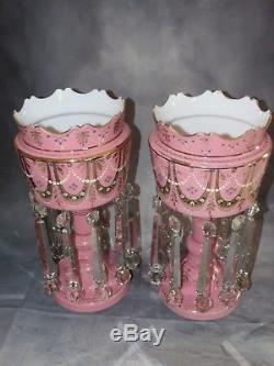 Antique Pair Pink Victorian Art Glass Mantle Lusters w Rare Drop Ball Prisms