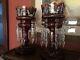 Antique Pair Ruby Red Mantle Lustres Hand-blown Glass And Hand-painted With Prisms
