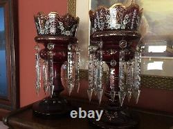 Antique Pair Ruby Red Mantle Lustres Hand-Blown Glass and Hand-Painted with Prisms