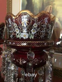 Antique Pair Ruby Red Mantle Lustres Hand-Blown Glass and Hand-Painted with Prisms